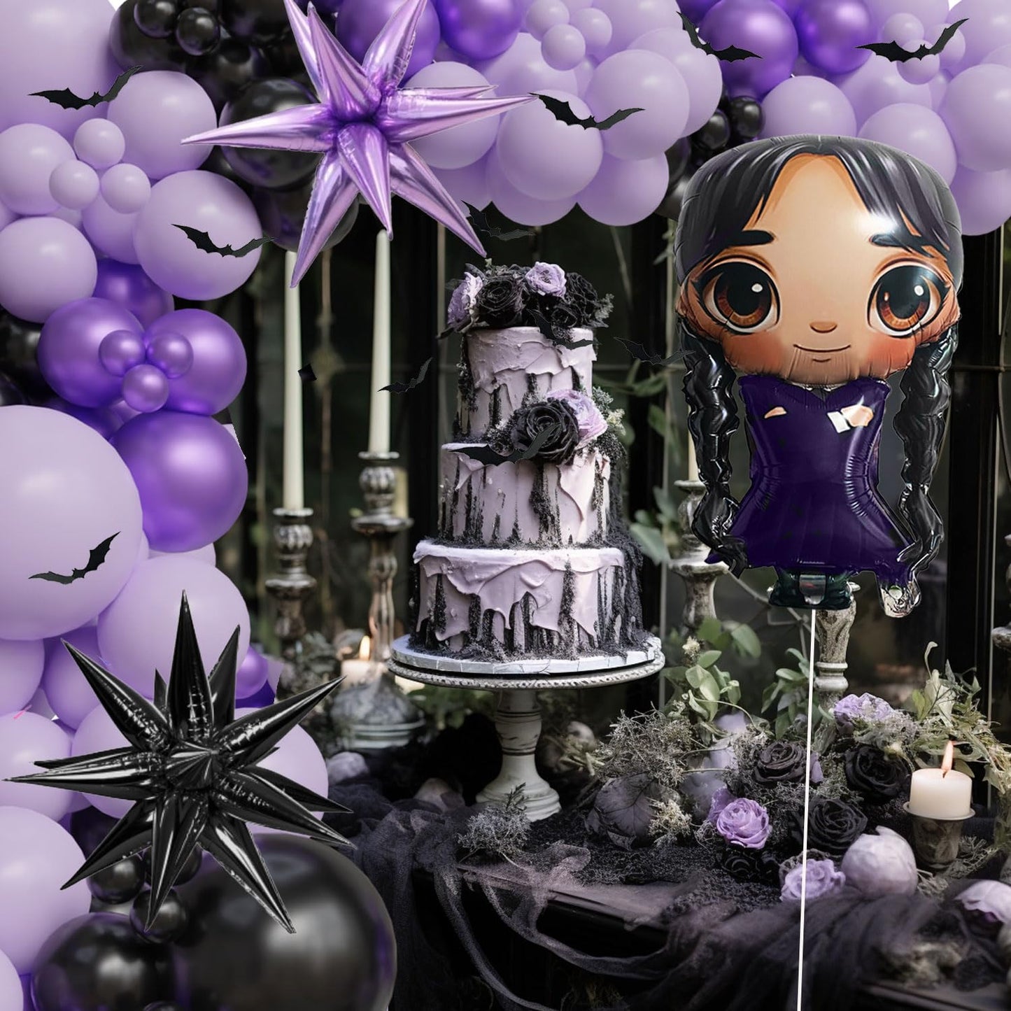143pc Purple And Black Balloon Arch Kit Gothic Balloon Garland Paper Bats Starburst Foil Balloons For Vampirina Goth Birthday Decorations，Spooky Celebrations, Halloween, And Character-Themed Parties