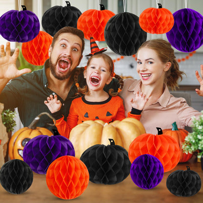 BOARDFEB 15Pcs Halloween Honeycomb Decorations, Orange Purple Black Pumpkin Paper Honeycomb Balls Halloween Hanging Ornaments for Party Favor Supplies