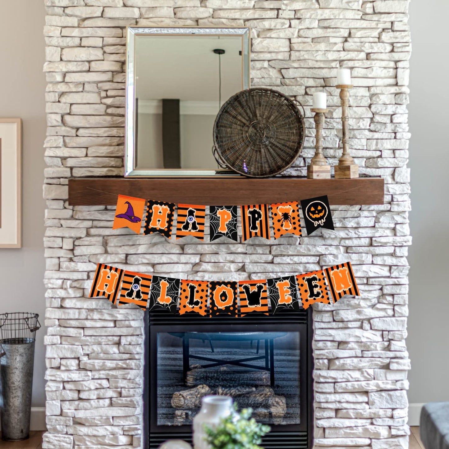rogeramz Happy Halloween Banner Hanging Fireplace Halloween Banner Black Orange Spider web theme Home Decor Party Decoration