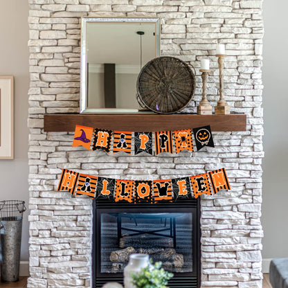 rogeramz Happy Halloween Banner Hanging Fireplace Halloween Banner Black Orange Spider web theme Home Decor Party Decoration
