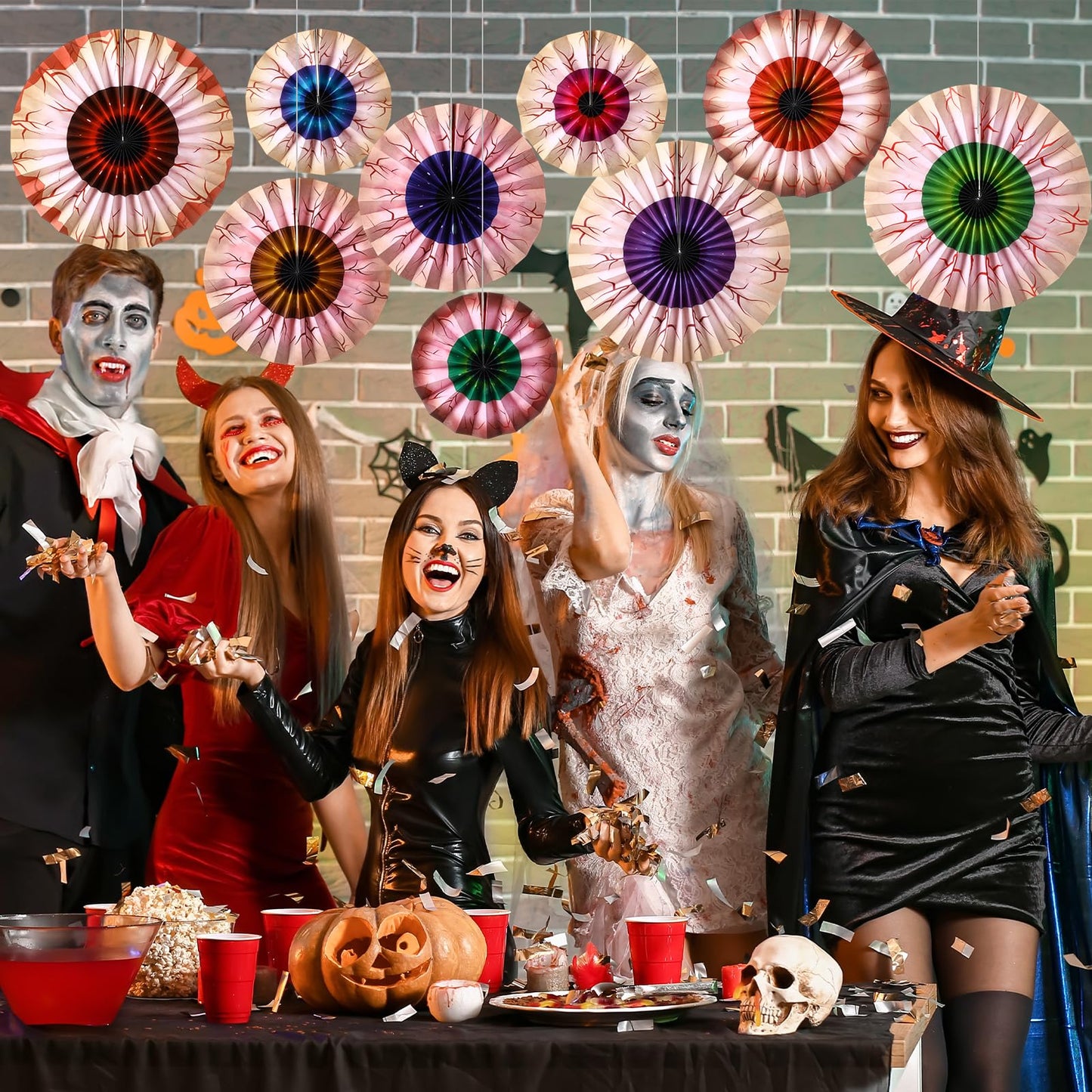 Dispowreath 9 Pcs Halloween Fans Decorations Eyeball Hanging Paper Fans Set Scary Eyeballs Wall Decoration for Halloween Party Haunted House Home Classroom Birthday Spooky Decorations Supplies