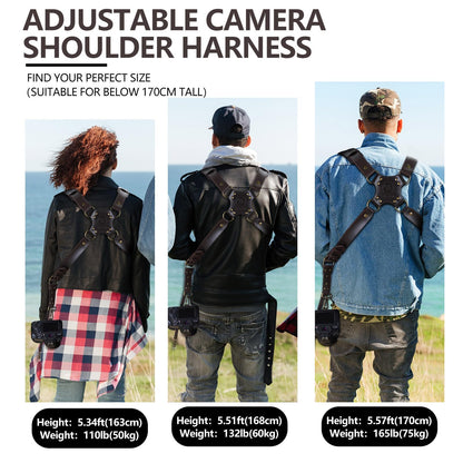 4J LEDR Dual Camera Harness Strap for Two-Cameras,Dual Shoulder Full Grain Leather Harness,Multi Double Camera Gear for DSLR/SLR Strap,Double Camera Harness for Photographers,Small Size,Brown