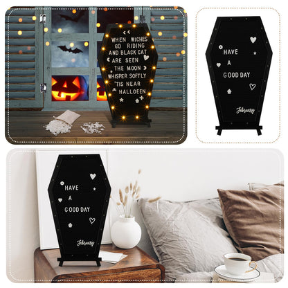 Colarr Coffin Black Felt Letter Board Built in LED Lights with Stand Halloween Decor, 500+ Characters White Precut Halloween Letter Board Home Decor with Linen Storage Bag 16.54 x 10.47 Inch