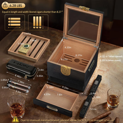 AWOTE Cigar Humidor with Digital Hygrometer and 2 Humidifiers, Cedar Wood Cigar Humidor Box with Drawer, Travel Cigar Case and Cigar Tubes, Desktop Humidor Box Gifts Cigar Accessories (Black)