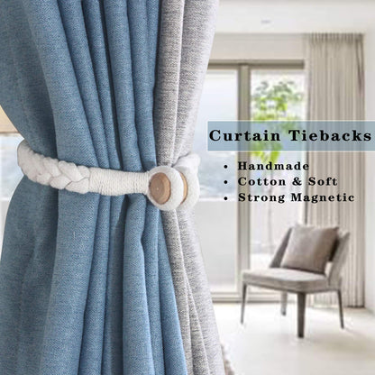 Porlau 4 Pack White Magnetic Soft Curtain Tiebacks Cotton Hand-Woven Tieback Holdback Home Decorative Tie Backs with Wooden Buckle for Home Office Decor