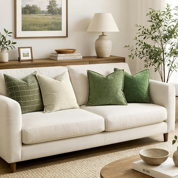 MIULEE Pack of 2 Couch Throw Pillow Covers 18x18 Inch Sage Green Farmhouse Decorative Pillow Covers with Stitched Edge Soft Chenille Solid Dyed Summer Pillow Covers for Sofa Bed Living Room