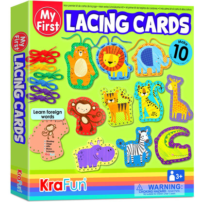 KRAFUN My First Lacing Cards Kit for Toddlers & Kids Age 3+, 10 Safari Animal Arts & Crafts Projects, Fine Motor Skills Toys with Lion Monkey Elephant Tiger Giraffe Hippo Zebra Bear
