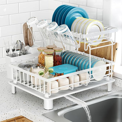 Dish Drying Rack, 2 Tier Dish Racks for Kitchen Counter, Compact Dish Drainer Rack, Detachable Dish Rack with Drainboard, Utensil Holder, Cup Holder for Small Space - White