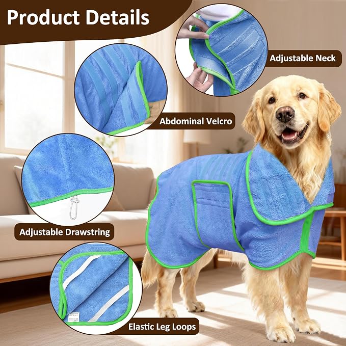 Soft Dog Bathrobe Fast Drying Dog Coat, Super Absorbent Dog Towels for After Bath, Microfiber Pet Robe Adjustable Collar & Belly Warm Keeping Dogs Coat for Pet Dogs & Cats (Blue, Large)