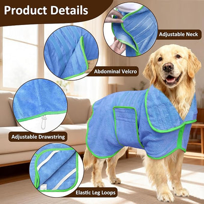 Soft Dog Bathrobe Fast Drying Dog Coat, Super Absorbent Dog Towels for After Bath, Microfiber Pet Robe Adjustable Collar & Belly Warm Keeping Dogs Coat for Pet Dogs & Cats (Blue, XX-Large)