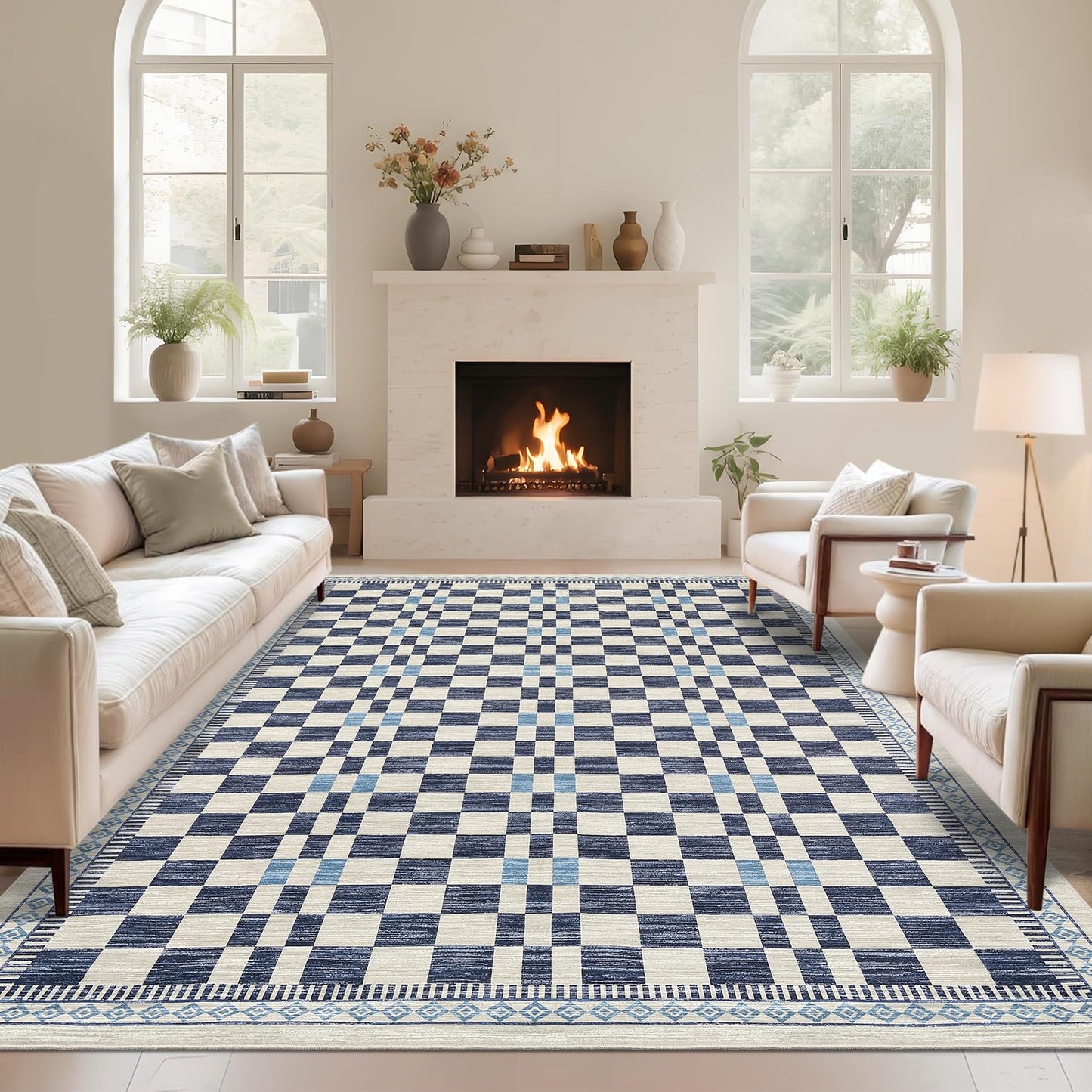GarveeHome 5x7 Area Rug for Baby Room Non-Slip Low Pile Stain-Resistant Living Room Carpet Modern Abstract Checkered Dining Rugs No-Shedding Machine Washable Area Rug for Dorm Home Office Bedroom Blue