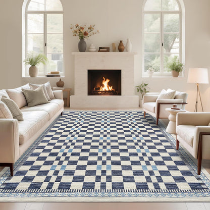 GarveeHome 5x7 Area Rug for Baby Room Non-Slip Low Pile Stain-Resistant Living Room Carpet Modern Abstract Checkered Dining Rugs No-Shedding Machine Washable Area Rug for Dorm Home Office Bedroom Blue
