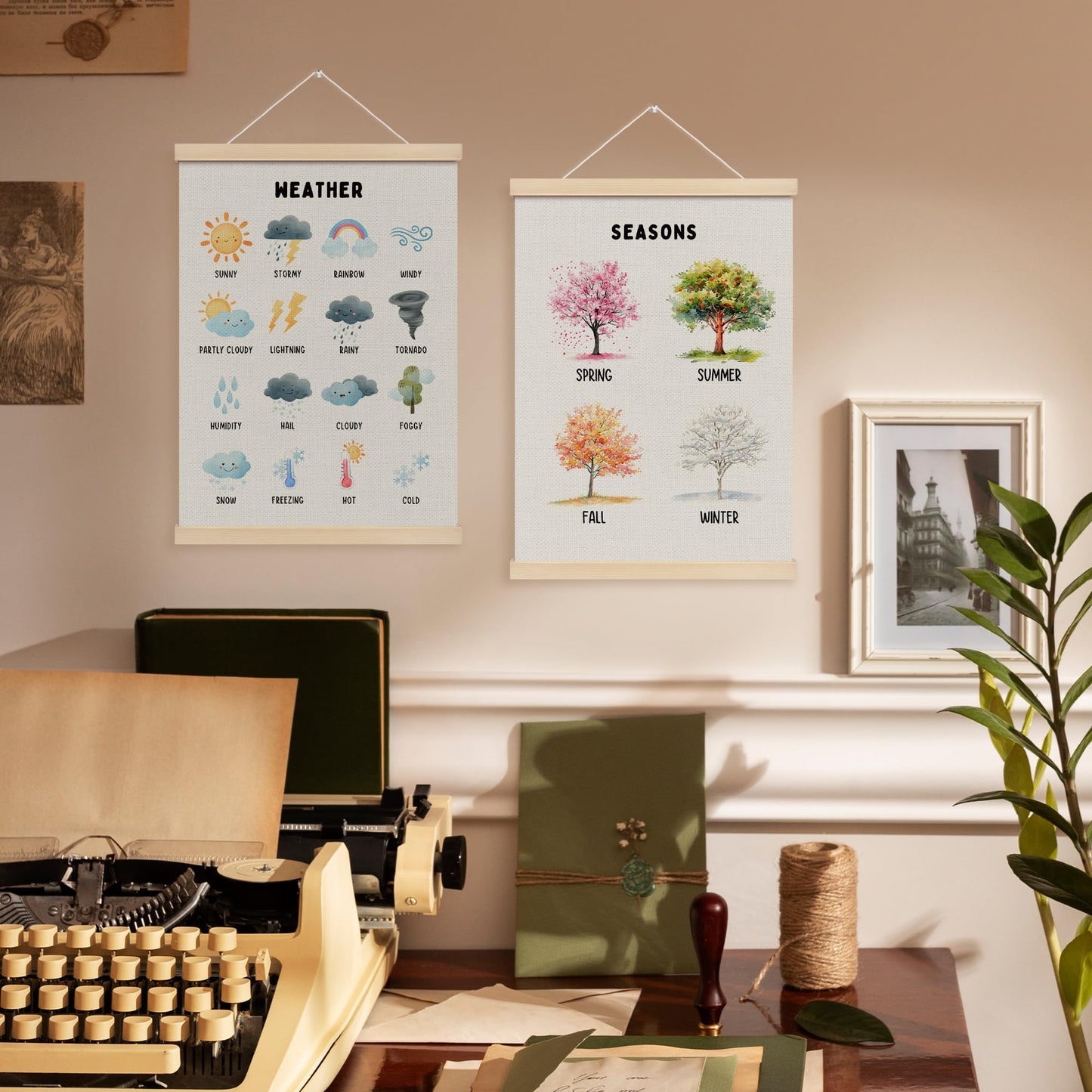 MOTERMATE Weather Four Seasons Educational Poster Hanger Frame, Nursery Wall Hanging Decor Art Framed for Kids Room Bedroom Playroom Classroom, Kids Nursery Wall Poster Prints, 12x16 Inch Set of 2
