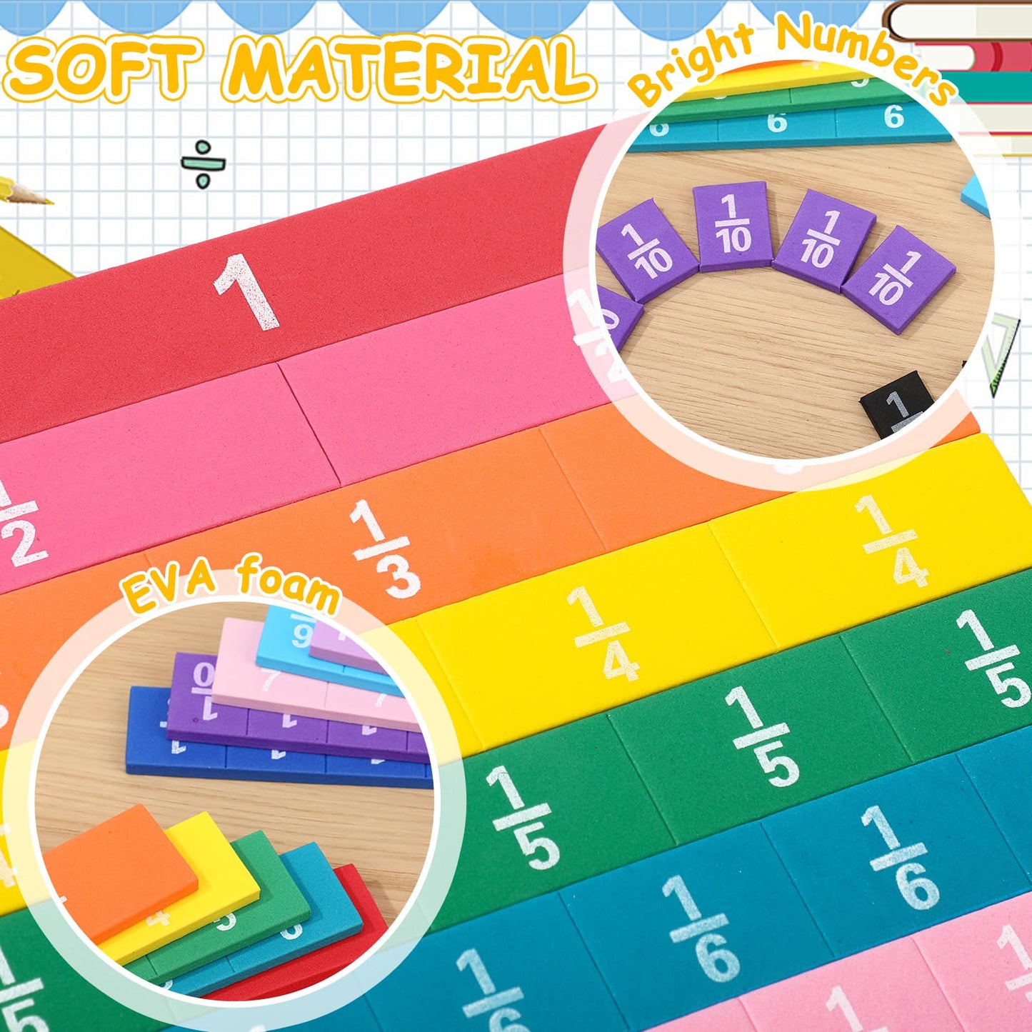 Sayglossy 20 Set Fraction Tiles Set for Math Classroom Rainbow Color Manipulatives Montessori Math Materials for Maths Classroom School Learning Educational Supplies
