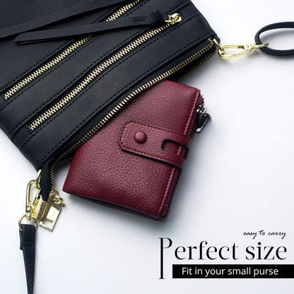 Bveyzi Small Soft Leather Wallet for Women RFID Blocking Ladies Card Holder with Double Zipper Pocket (Wine Red)