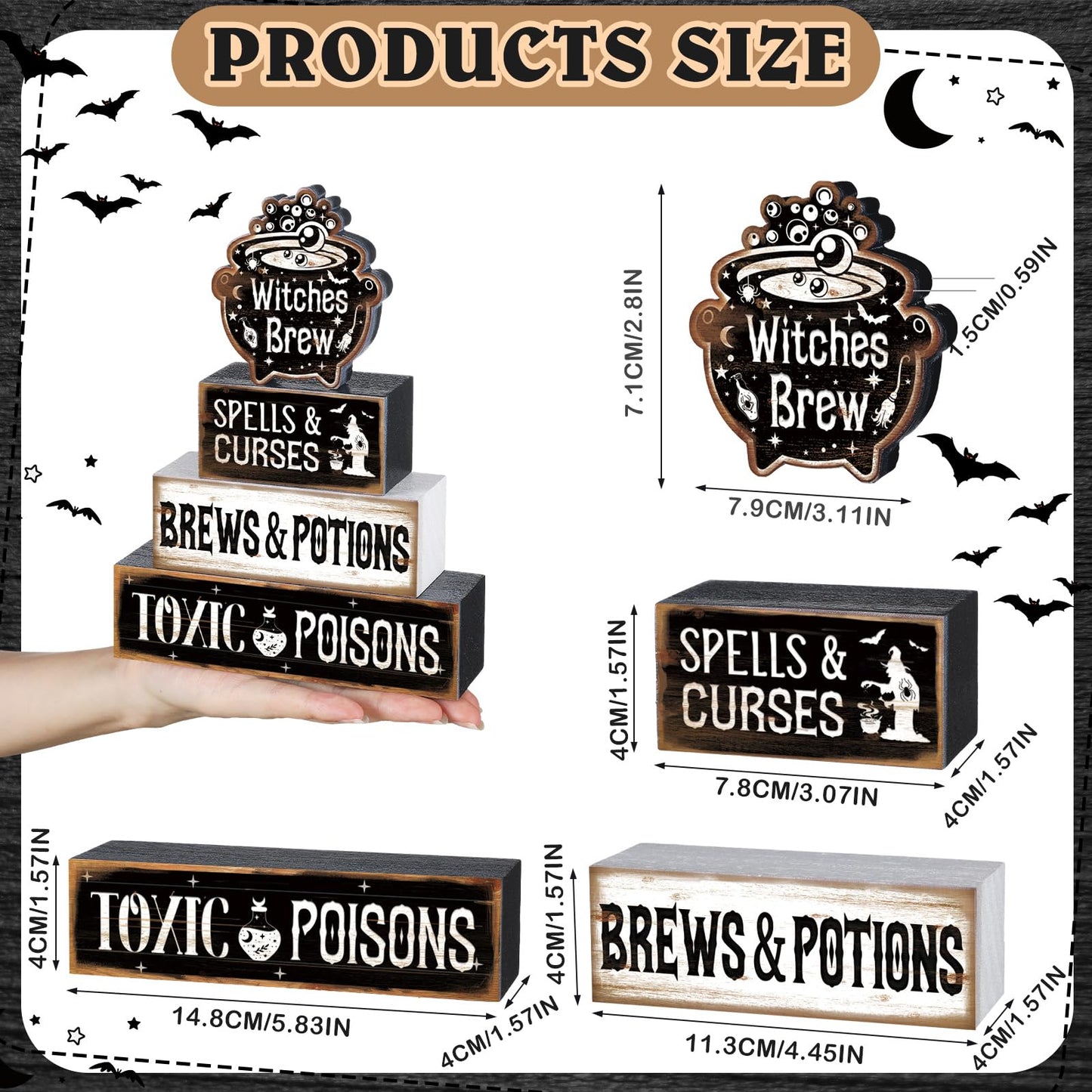 4 Pcs Halloween Table Decor Witches Brew Wooden Sign Halloween Tiered Tray Decor Farmhouse Witches Tabletop Centerpiece Spells Curses Potions Wooden Block Signs for Home Office Kitchen Shelf