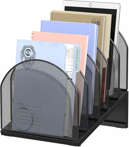 OUTIOE 5-Section Desk File Organizer, Metal Mesh Folder Organizer for Documents, Mail & Office Papers (Black)