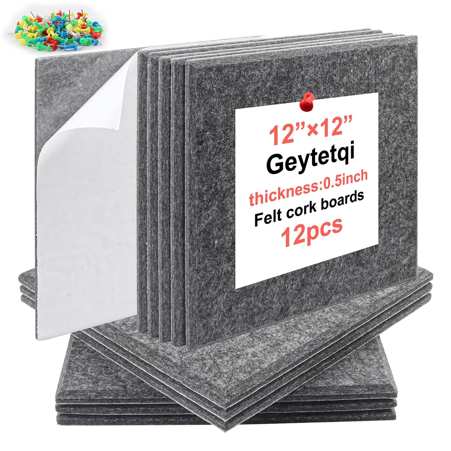 Geytetqi 12 Pack 12" x 12" Felt Boards, Dark Grey Square Felt Wall Tiles, Self-Adhesive Cork Bulletin Board for Home, Office, and Kitchen Decor(1/2 Inch Thickness)