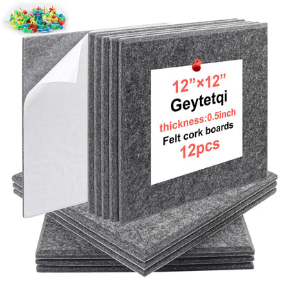 Geytetqi 12 Pack 12" x 12" Felt Boards, Dark Grey Square Felt Wall Tiles, Self-Adhesive Cork Bulletin Board for Home, Office, and Kitchen Decor(1/2 Inch Thickness)