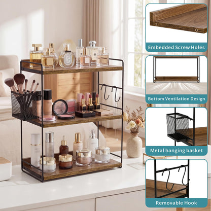 Naeqieo 3-Tier Bathroom Counter Organizer with Basket, Vanity Organizer Counter Shelf for Skincare & Makeup Storage, Wood Countertop Organizers for Kitchen, Bathroom, Dresser (Brown)