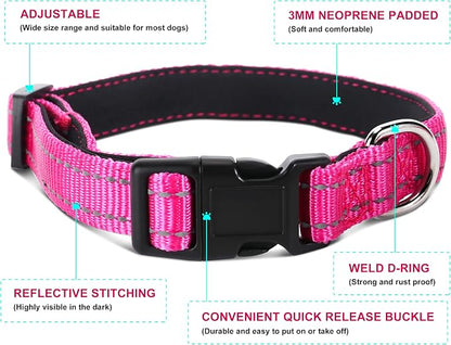 Soft Neoprene Padded Dog Collar and Leash Set for Small Medium Large Dogs, Reflective Durable Nylon Dog Collar with 5ft Leash Easy for Walking, Hot Pink,Neck fit 12.5-19.5’’