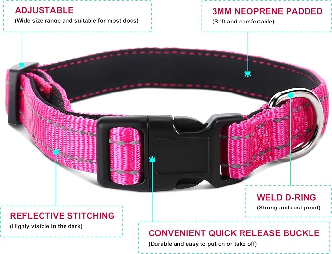 Soft Neoprene Padded Dog Collar and Leash Set for Small Medium Large Dogs, Reflective Durable Nylon Dog Collar with 5ft Leash Easy for Walking, Hot Pink,Neck fit 10.5-15.5’’