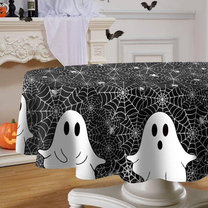 QIALETS Halloween Tablecloth Round 60 Inch Spooky Ghost Spider Web Black Table Covers Washable for Indoor Outdoor Dining Home Party Holiday Decorations