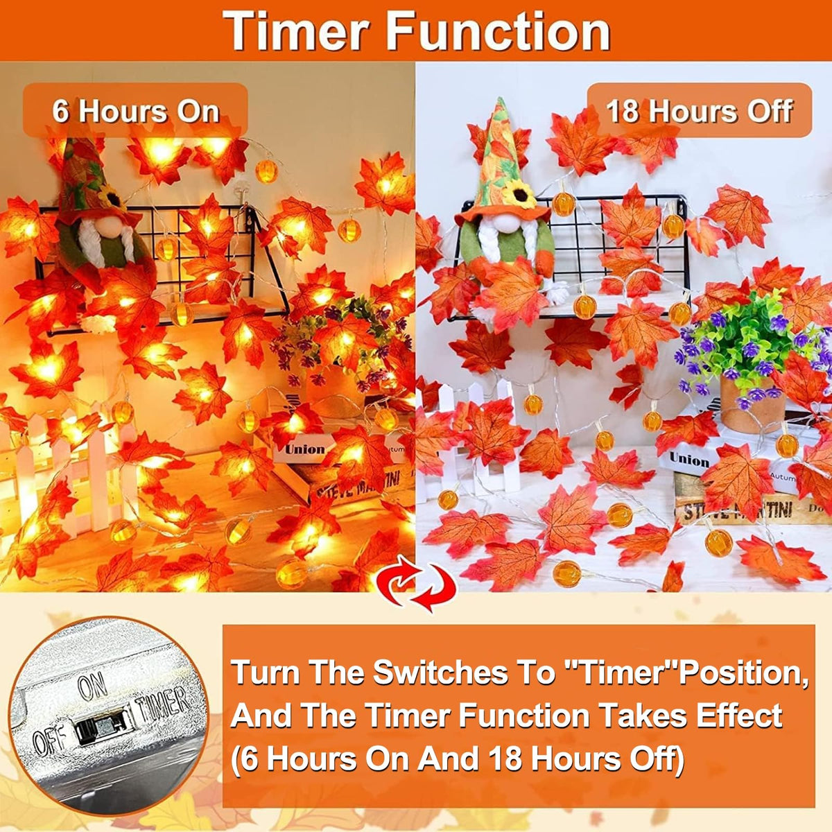 3 Pack & Timer - Fall Decor Fall Garland with Pumpkin Lights Fall Decorations for Home, 30Ft 60LED 3D Pumpkin Fall Lights Patented Enlarged Maples Leaves Battery Operated Halloween Thanksgiving Decor