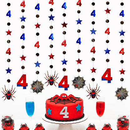 42Ft Spider 4th Birthday Party Decorations Red Blue Stars and Black Spider Web Garland Streamer for Kids Boys 4th Cartoon Spiders Birthday Super Heros Baby Shower Cartoon Bday Party Decor Supplies