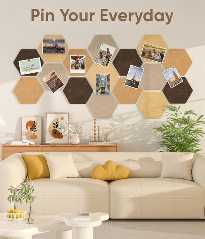 Toptople 12 Inch Large Hexagon Cork Board for Walls, 8 Pack Felt Bulletin Board Tiles, Pin Board with Push Pins for Office Photo and Note, Maillard Brown