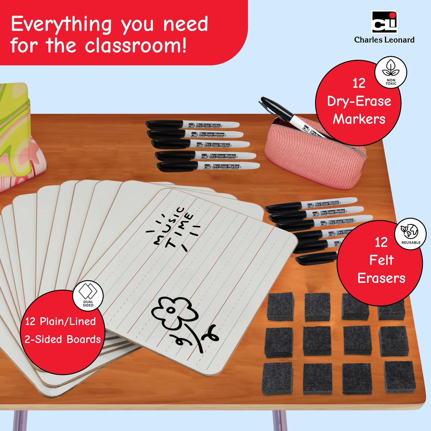Charles Leonard Dry Erase Board Class Pack - Includes 12 Plain/Lined 2-Sided Boards, 12 Erasers and 12 Black Markers, in a Re-Useable Box (35030)