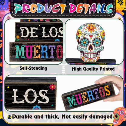 Lineshading 4 Pcs Day of The Dead Table Decorations Day of The Dead Centerpiece for Table Dia De Los Muertos Tiered Tray Decor Wood Sugar Skull Block Signs for Halloween Party Home Shelf Decoration