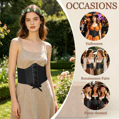 XZCYAMPF Lace-up Pirate Corset Belt for Women, Leather Waist Cincher with Floral Headpiece, Renaissance Halloween Costume Accessories (Black, 36ft)