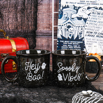 JarThenaAMCS 2Pcs 15oz Halloween Coffee Mugs Black White Ghost Ceramic Cups with Handle Hey Boo Drinking Mugs for Halloween Birthday Holiday Party