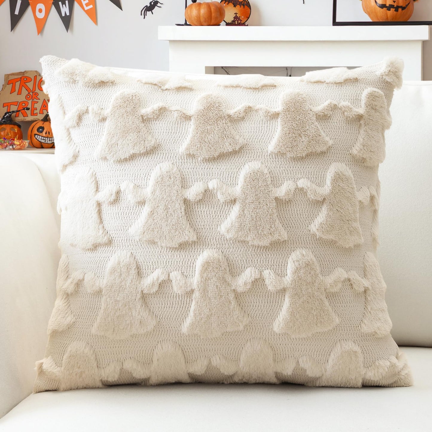 OTOSTAR Set of 1 Ghost Pillow Cover Halloween Throw Pillow Covers for Sofa Couch Bed Living Room Soft Plush Short Wool Velvet Farmhouse Pillowcase for Thanksgiving Cream Beige 24x24 Inch