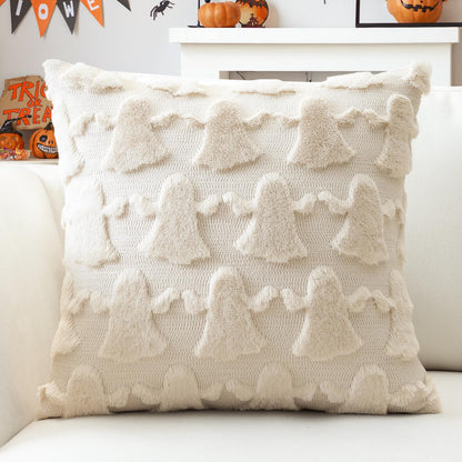 OTOSTAR Set of 1 Ghost Pillow Cover Halloween Throw Pillow Covers for Sofa Couch Bed Living Room Soft Plush Short Wool Velvet Farmhouse Pillowcase for Thanksgiving Cream Beige 24x24 Inch