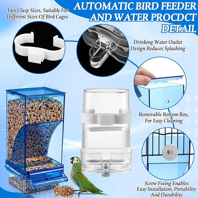 Novabright 7 Pcs No Mess Bird Feeder Water Dispenser Set Include Automatic Parakeet Feeder and Drinker with Bird Paw Grinding Stick Cage Accessories for Small Medium Cockatiel Lovebird(Classic,Blue)