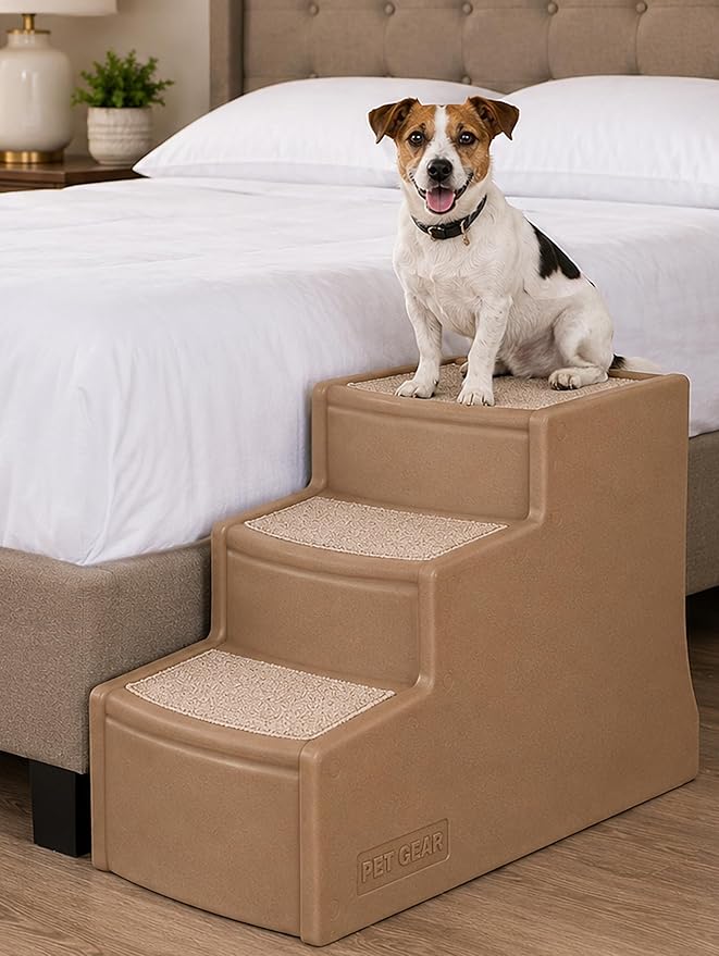 Pet Gear Easy Step III Pet Stairs, Latte | 3 Step, For Cats/Dogs, Removable Washable Carpet Treads, Supports 150 Pounds, No Tools Required