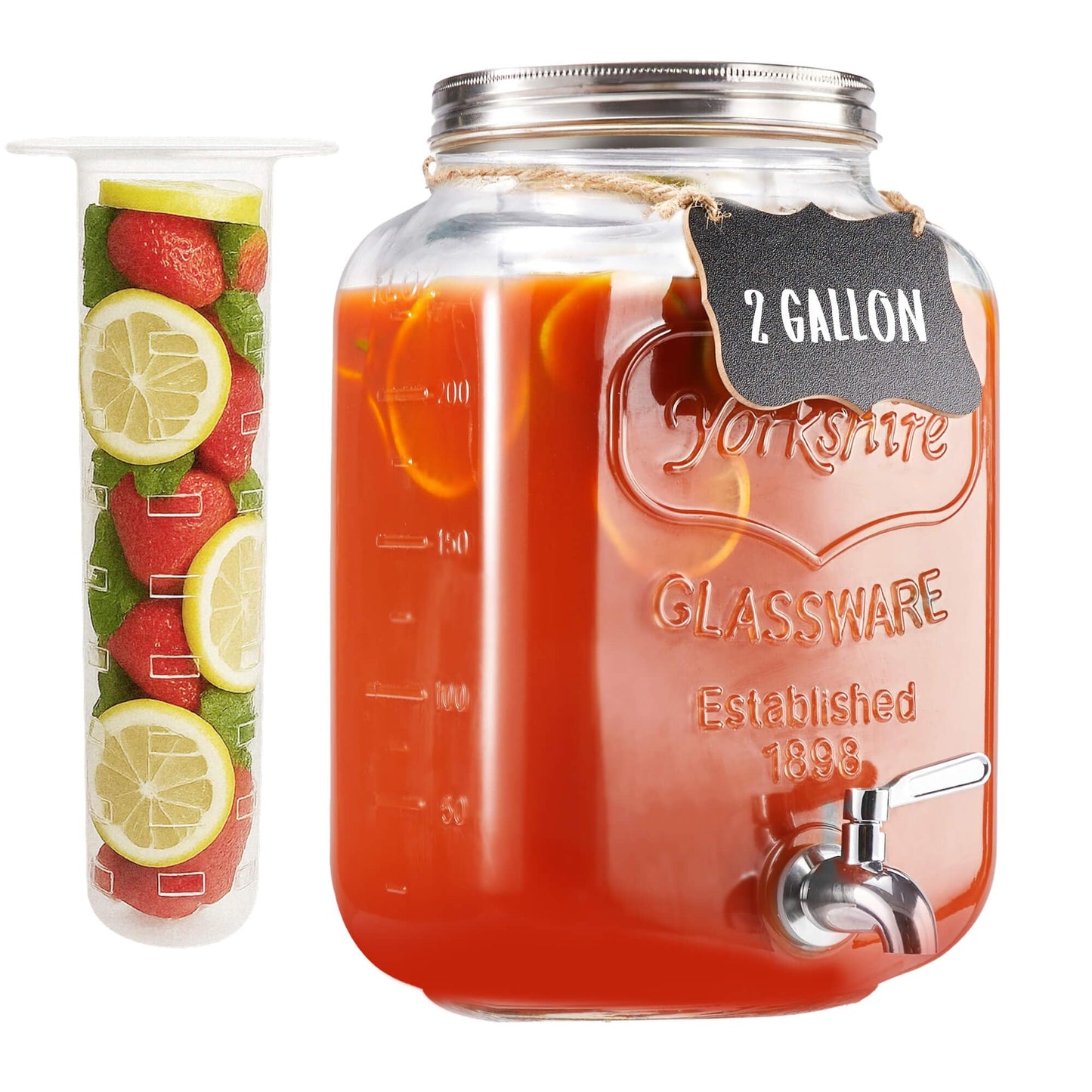 2 Gallon Glass Drink Dispenser for Parties, Beverage Dispenser, Lemonade Dispenser with 18/8 Stainless Steel Spigot, Leakproof for Sun Tea, Juice, Picnic, BBQ & Bars