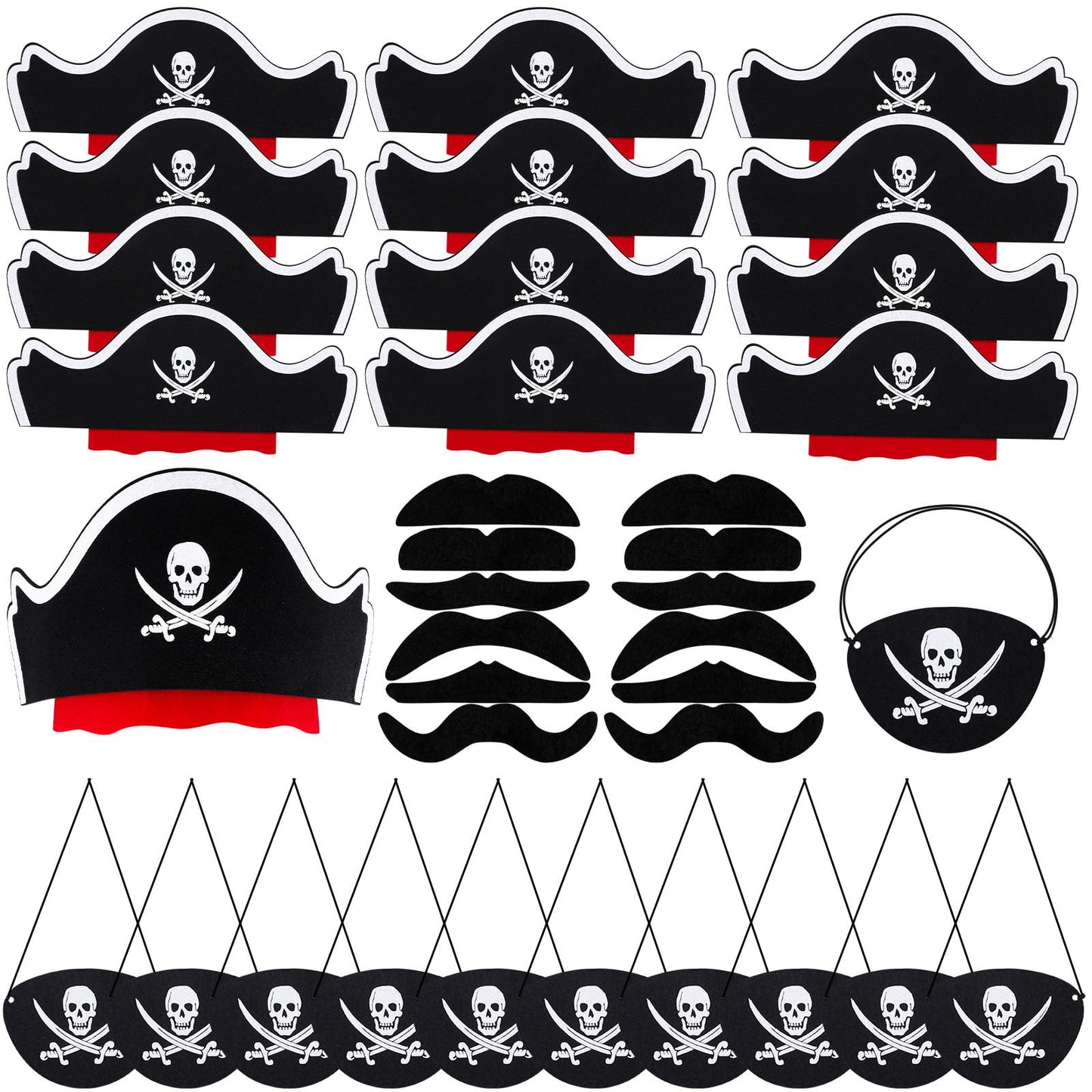 CHRIMISS Pirate Hat Set with Pirate Eye Patch, Mustache, Temporary Tattoos, 48PCs for Kid Birthday, Halloween Costume Accessories, Party Favors & Goodie Bag Fillers