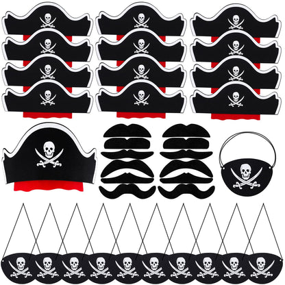 CHRIMISS Pirate Hat Set with Pirate Eye Patch, Mustache, Temporary Tattoos, 48PCs for Kid Birthday, Halloween Costume Accessories, Party Favors & Goodie Bag Fillers