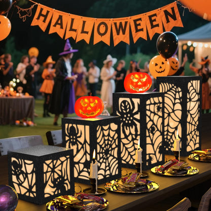 OuMuaMua 4 Pcs Halloween Party Decorations Indoor Halloween Table Centerpieces Boxes, Light up Spider Web Paper Lanterns with Led Lights for Spooky Party Supplies Home Decor