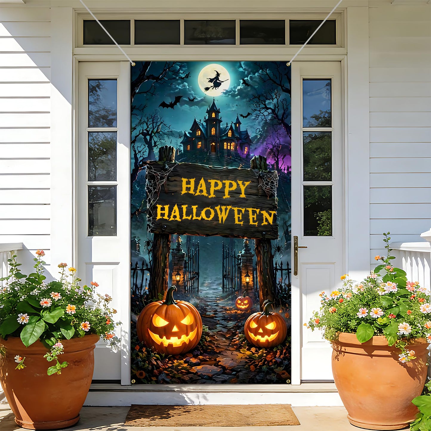 NYZE Happy Halloween Front Door Cover Banner, 35.4 x 70.8 Inch Pumpkin Vertical Hanging Door Backdrop, Indoor Outdoor Halloween Party Photography Decorations