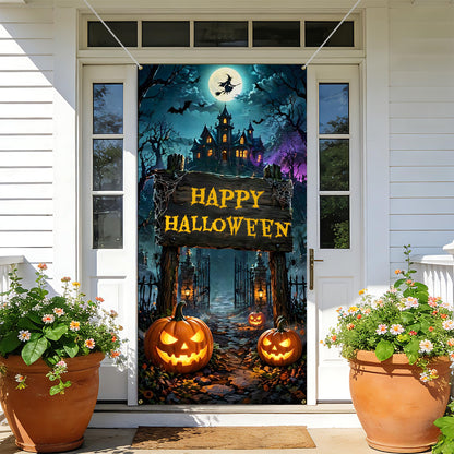 NYZE Happy Halloween Front Door Cover Banner, 35.4 x 70.8 Inch Pumpkin Vertical Hanging Door Backdrop, Indoor Outdoor Halloween Party Photography Decorations