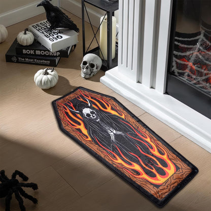 Rugendary Grim Reaper Coffin Rug Gothic Fire Skeleton Carpet for Bedroom Halloween Horror Decor Scary Death Flame Nonslip Bedside Spooky Mat 1.3x2.6