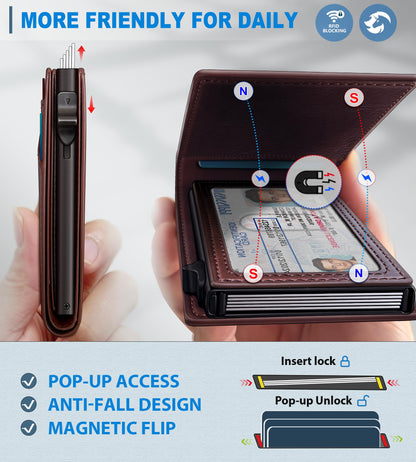Housmai Wallet for Men, Slim Pop Up Card Holder with RFID Blocking, Minimalist Bifold Wallet with 9 Card Slots, ID Window and Cash Pocket, Metal Flip Case with Magnetic Closure, Gift Box