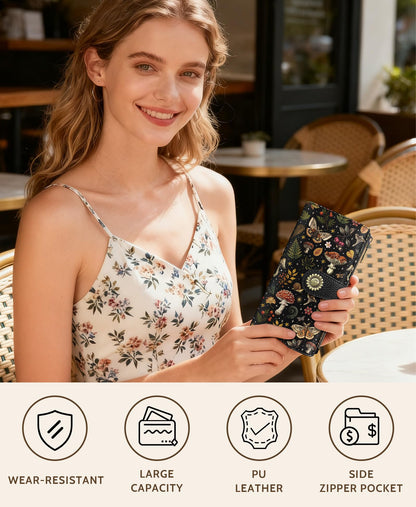 GIANCOMICS Butterfly Mushroom Womens Wallet RFID Blocking, Credit Card Holder Bifold, PU Leather Travel Billfold, Cute Cash Purse, Zipper Coin Pocket Clutch, 11 Card Slots, Ladies Gift Woman