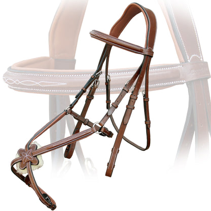 ExionPro Comfortable Broad Free Ear Anatomic Shape Mono Crown Piece Fancy Stitched Figure 8 Padded Noseband English Bridle & Rubber Reins (Conker, Vegetable Tanned Leather - Over Size)