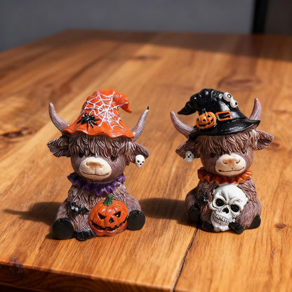 Bokynu Highland Cow Figurine Decor, Halloween Resin Highland Cow Statue Kitchen Decorations Indoor, Calf Lovers Gifts (2 Pcs)