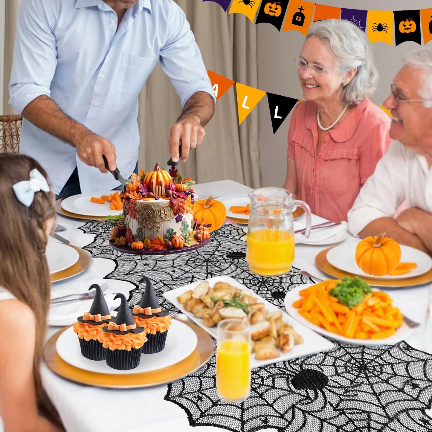Halloween Table Runner, 2 Pcs Black Lace Spider Web Table Runner for Halloween Decor, 18 X 73 Inch Gothic Spider Lace Cover Table Runner for Dining Table Centerpiece Decor, Halloween Table Decorations